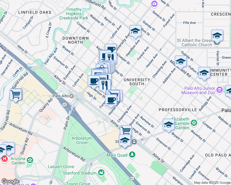 map of restaurants, bars, coffee shops, grocery stores, and more near 270 Forest Avenue in Palo Alto