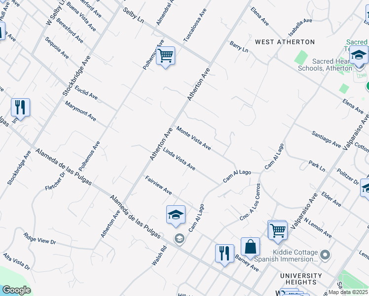 map of restaurants, bars, coffee shops, grocery stores, and more near 35 Linda Vista Avenue in Atherton
