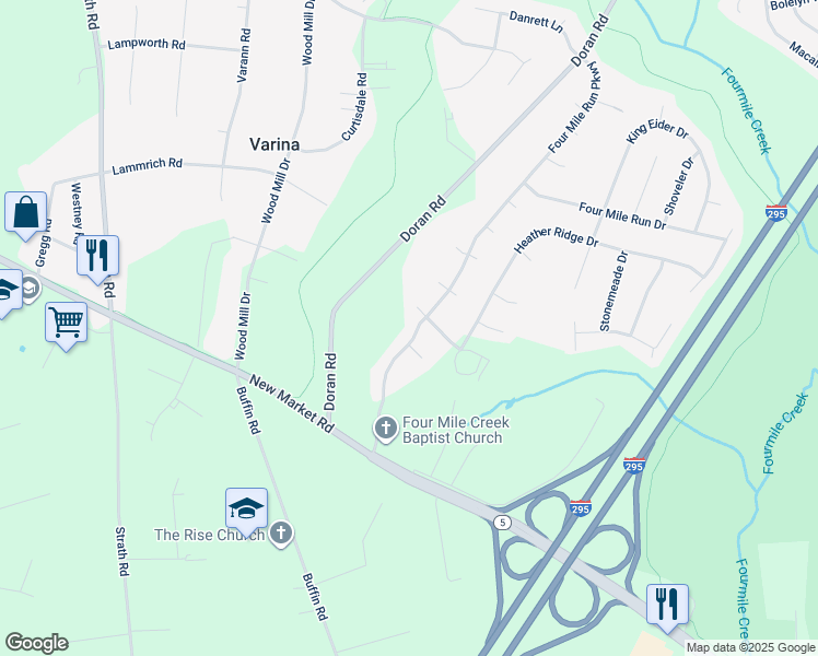 map of restaurants, bars, coffee shops, grocery stores, and more near 8104 Four Mile Run Parkway in Richmond