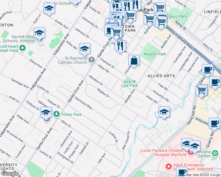map of restaurants, bars, coffee shops, grocery stores, and more near 740 Windsor Drive in Menlo Park