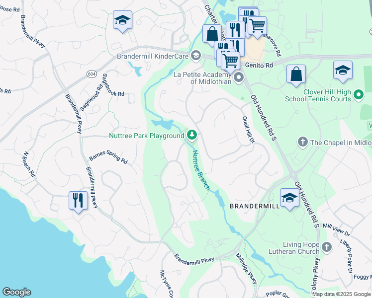 map of restaurants, bars, coffee shops, grocery stores, and more near 3301 Overcreek Lane in Midlothian