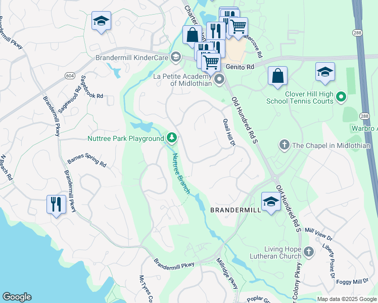 map of restaurants, bars, coffee shops, grocery stores, and more near 3211 Fox Chase Drive in Midlothian