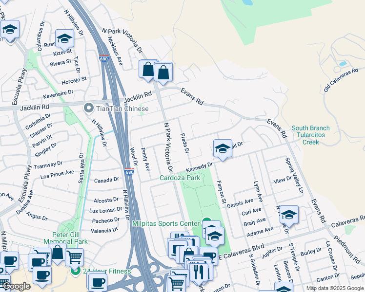 map of restaurants, bars, coffee shops, grocery stores, and more near 611 Prada Drive in Milpitas