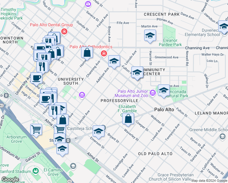 map of restaurants, bars, coffee shops, grocery stores, and more near 1143 Webster Street in Palo Alto