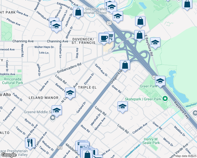 map of restaurants, bars, coffee shops, grocery stores, and more near 2316 Greer Road in Palo Alto