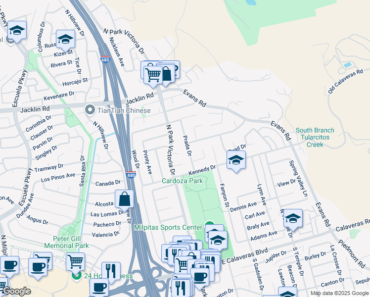 map of restaurants, bars, coffee shops, grocery stores, and more near 611 Prada Drive in Milpitas