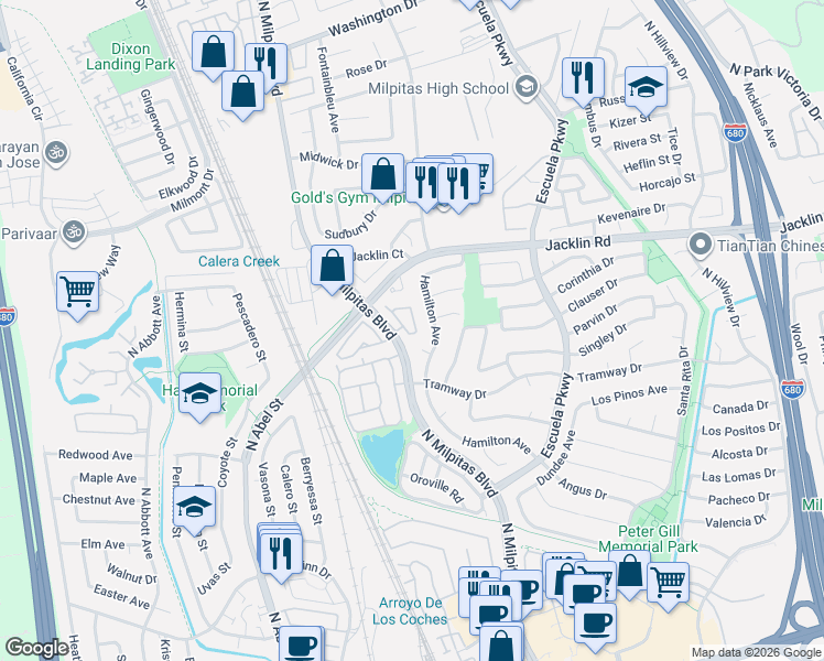 map of restaurants, bars, coffee shops, grocery stores, and more near 918 Coventry Circle in Milpitas