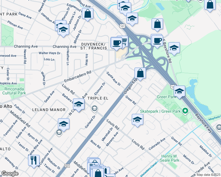 map of restaurants, bars, coffee shops, grocery stores, and more near 2316 Greer Road in Palo Alto