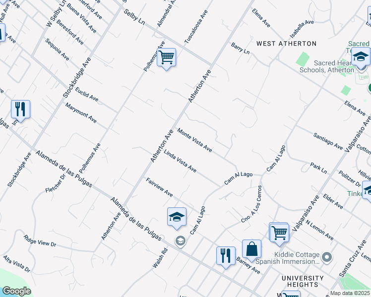 map of restaurants, bars, coffee shops, grocery stores, and more near 35 Linda Vista Avenue in Atherton