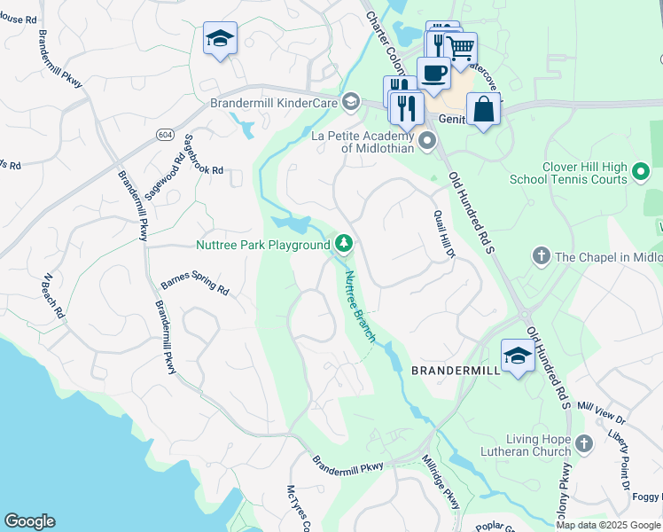 map of restaurants, bars, coffee shops, grocery stores, and more near 3301 Overcreek Lane in Midlothian
