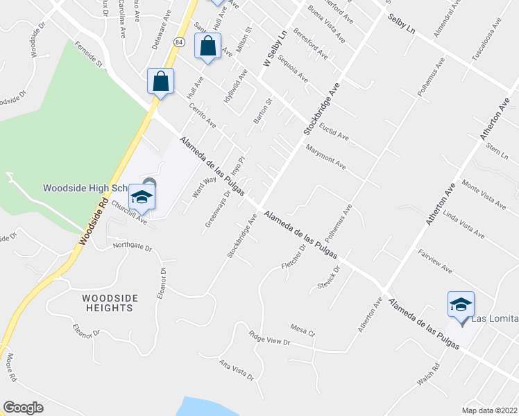 map of restaurants, bars, coffee shops, grocery stores, and more near Alameda De Las Pulgas & Stockbridge Ave in Atherton