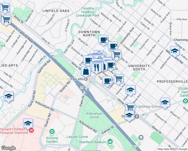 map of restaurants, bars, coffee shops, grocery stores, and more near 130 Lytton Avenue in Palo Alto