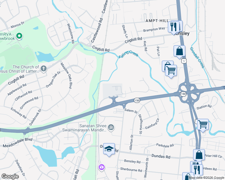 map of restaurants, bars, coffee shops, grocery stores, and more near 6002 Strathmore Road in Richmond