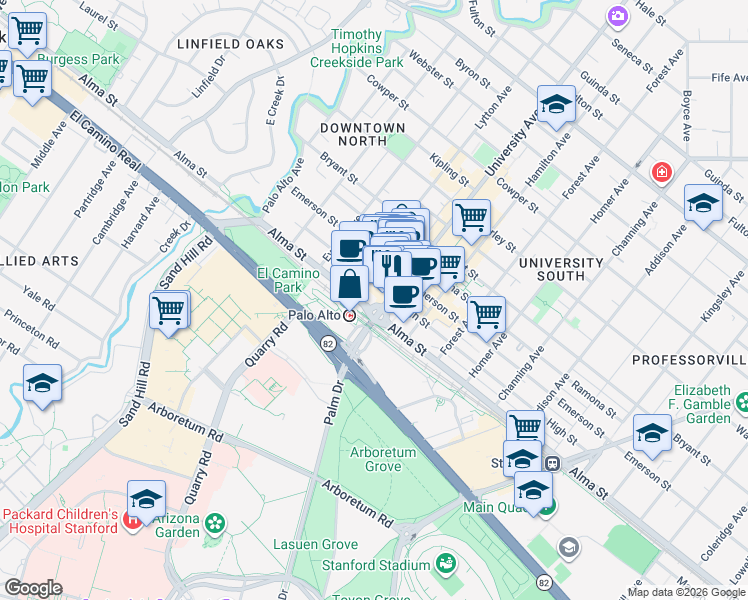 map of restaurants, bars, coffee shops, grocery stores, and more near 101 University Avenue in Palo Alto