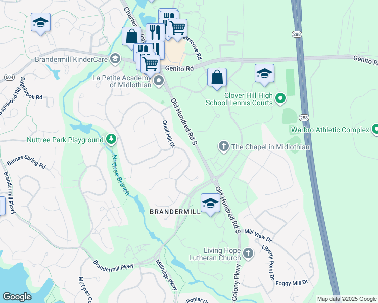 map of restaurants, bars, coffee shops, grocery stores, and more near 3305 Quail Hill Drive in Midlothian