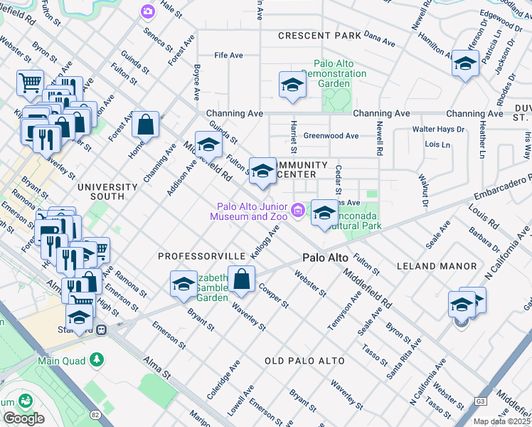 map of restaurants, bars, coffee shops, grocery stores, and more near 1305 Middlefield Road in Palo Alto