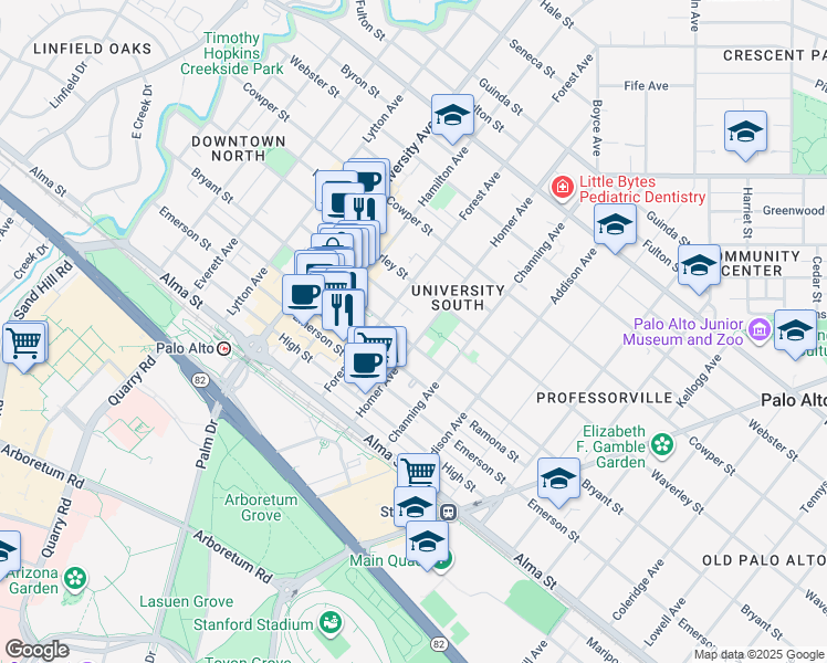 map of restaurants, bars, coffee shops, grocery stores, and more near 707 Bryant Street in Palo Alto