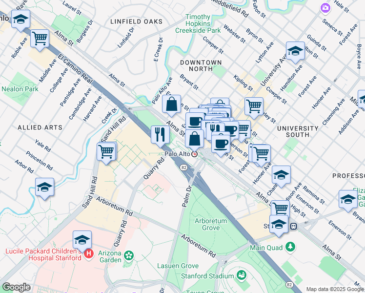 map of restaurants, bars, coffee shops, grocery stores, and more near University Avenue in Palo Alto