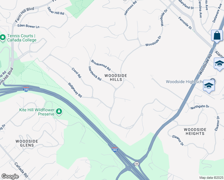 map of restaurants, bars, coffee shops, grocery stores, and more near 510 Woodside Drive in Woodside