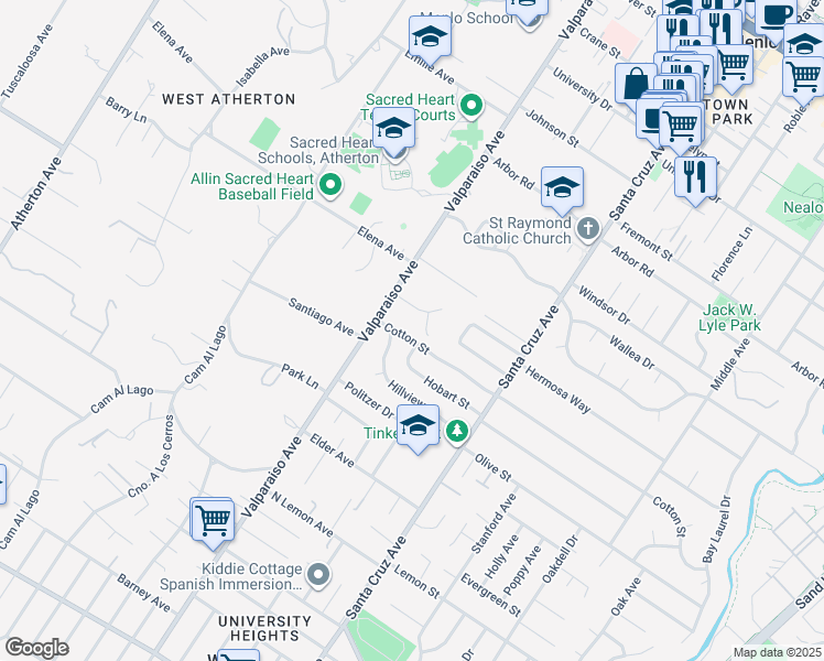 map of restaurants, bars, coffee shops, grocery stores, and more near 1340 Cotton Street in Menlo Park