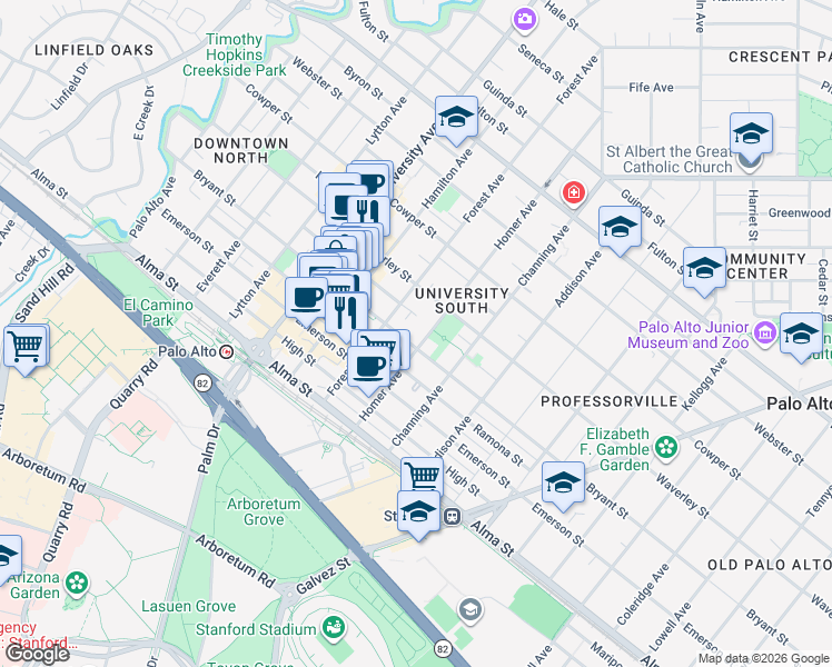 map of restaurants, bars, coffee shops, grocery stores, and more near 707 Bryant Street in Palo Alto