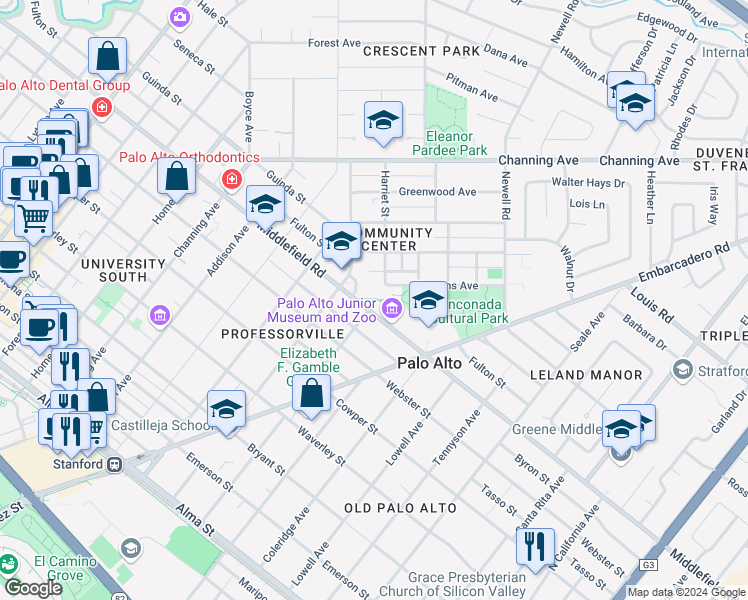 map of restaurants, bars, coffee shops, grocery stores, and more near 1305 Middlefield Road in Palo Alto