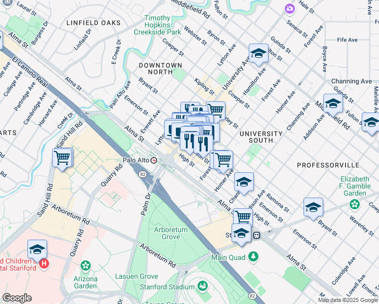map of restaurants, bars, coffee shops, grocery stores, and more near 534 Ramona Street in Palo Alto