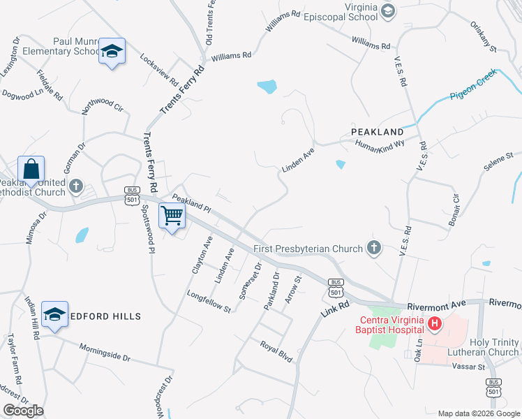 map of restaurants, bars, coffee shops, grocery stores, and more near Linden Avenue in Lynchburg