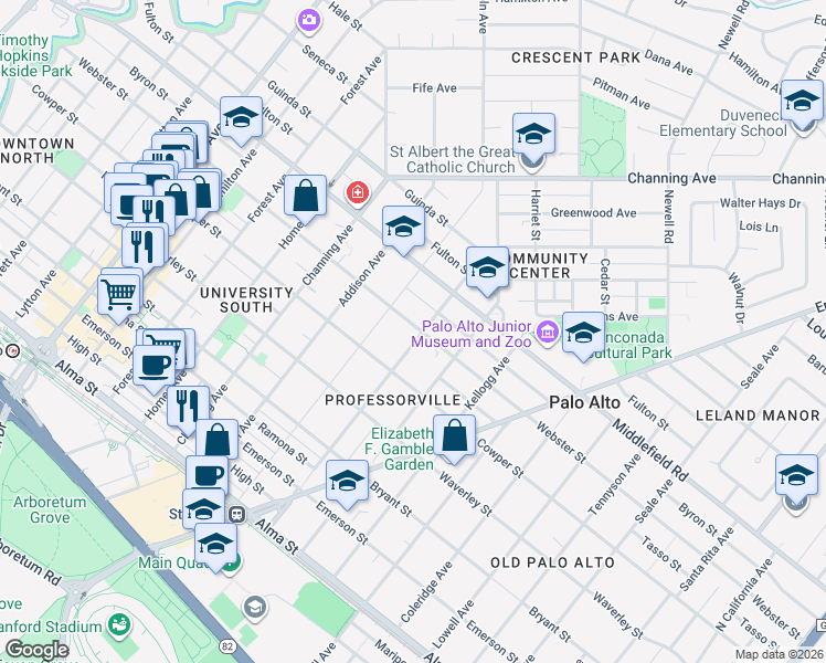 map of restaurants, bars, coffee shops, grocery stores, and more near 1143 Webster Street in Palo Alto