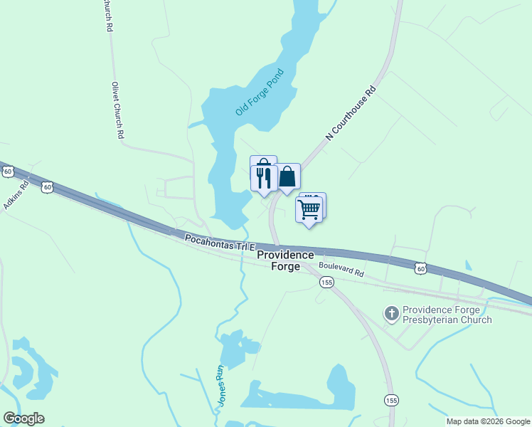 map of restaurants, bars, coffee shops, grocery stores, and more near 3544 North Courthouse Road in Providence Forge