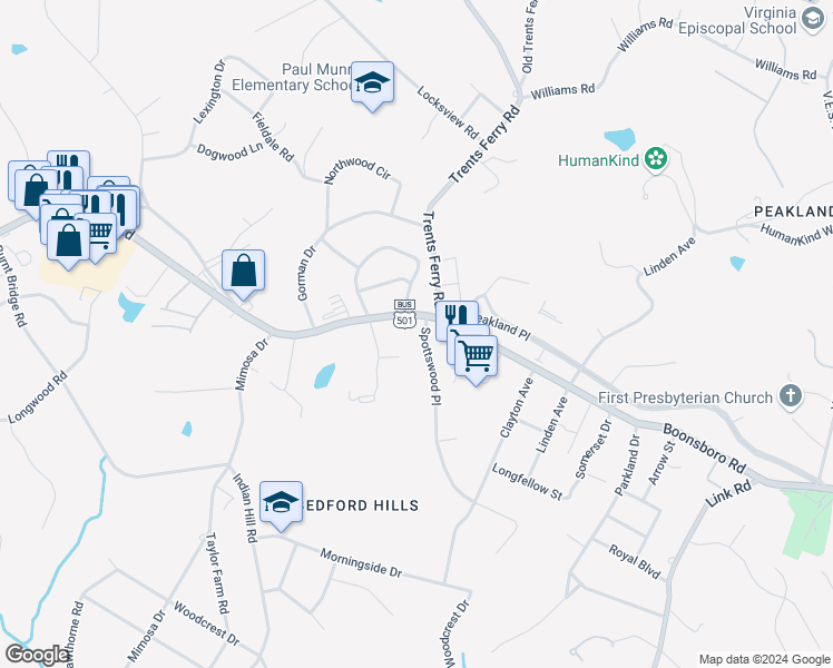 map of restaurants, bars, coffee shops, grocery stores, and more near 1615 Spottswood Place in Lynchburg
