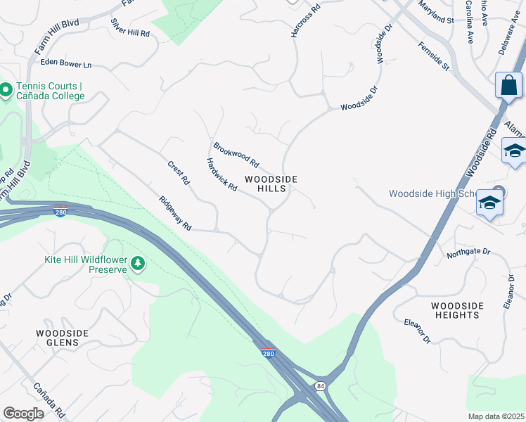 map of restaurants, bars, coffee shops, grocery stores, and more near 510 Woodside Drive in Woodside