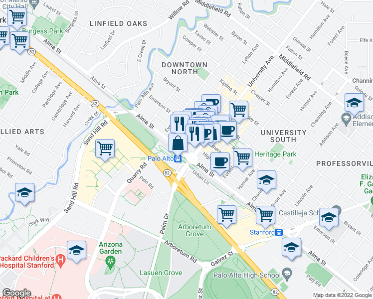 map of restaurants, bars, coffee shops, grocery stores, and more near 130 Lytton Avenue in Palo Alto