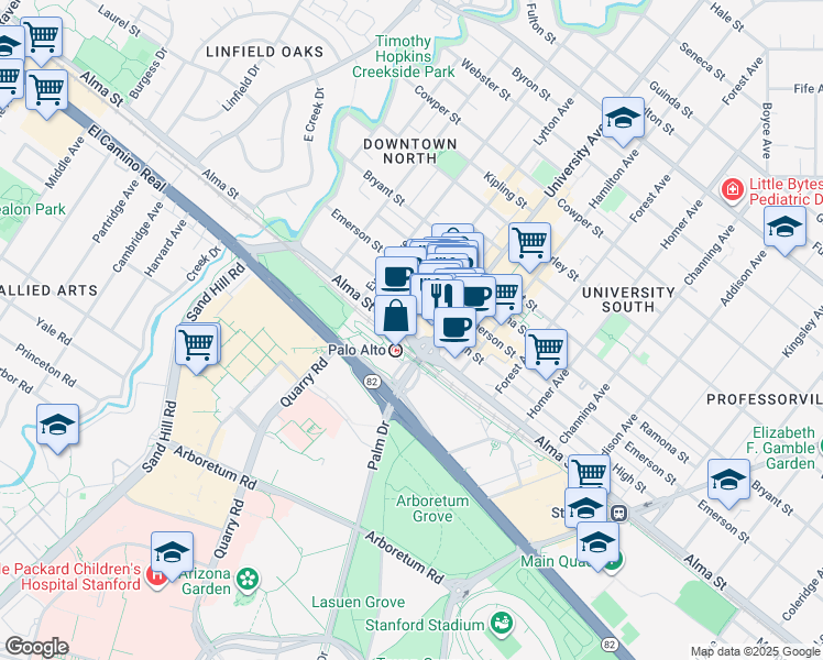 map of restaurants, bars, coffee shops, grocery stores, and more near 130 Lytton Avenue in Palo Alto