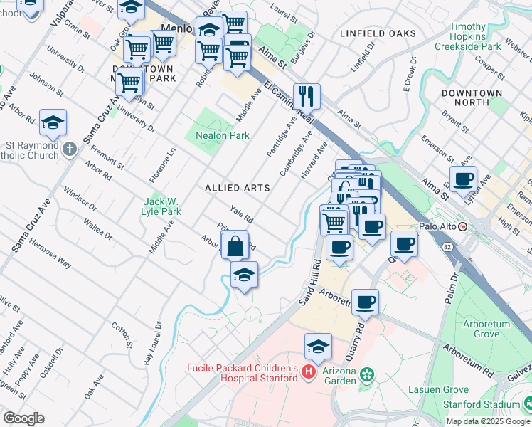 map of restaurants, bars, coffee shops, grocery stores, and more near 114 University Drive in Menlo Park