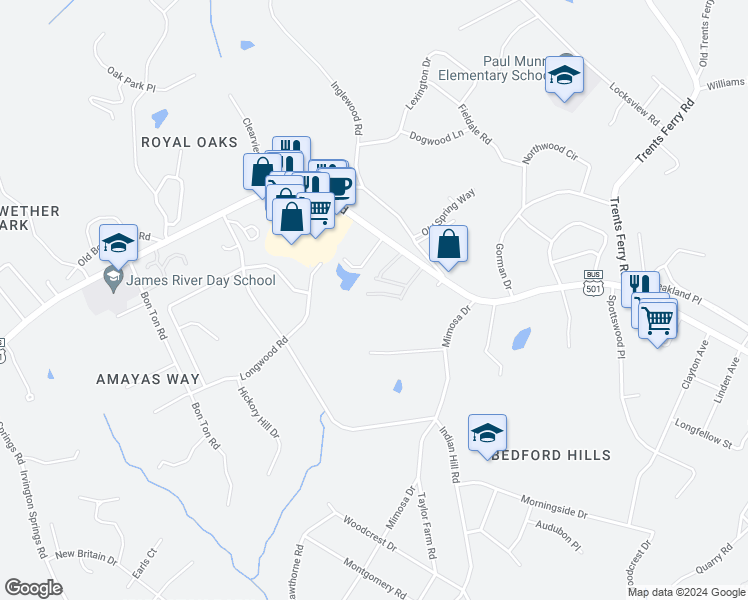 map of restaurants, bars, coffee shops, grocery stores, and more near 4715 Boonsboro Road in Lynchburg