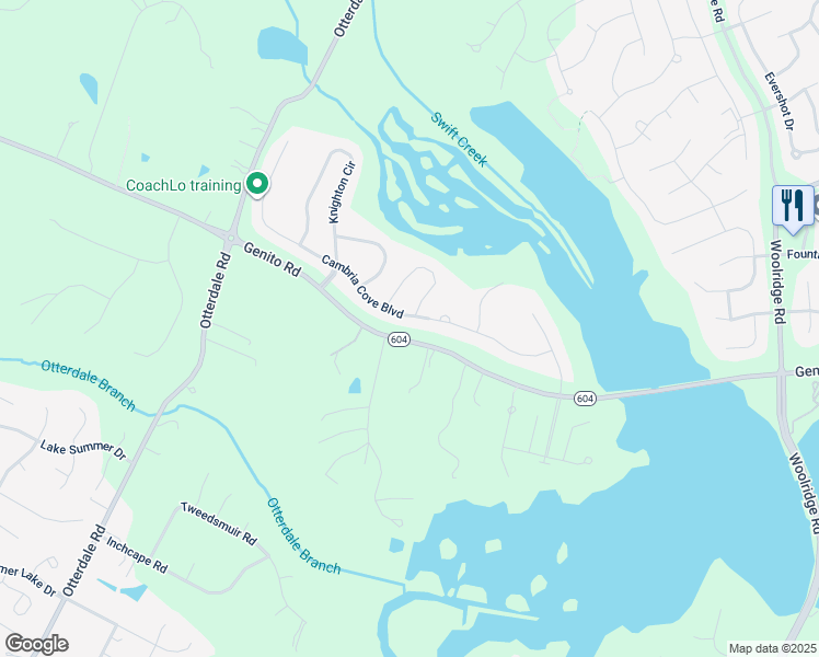 map of restaurants, bars, coffee shops, grocery stores, and more near 15601 Cambria Cove Boulevard in Midlothian