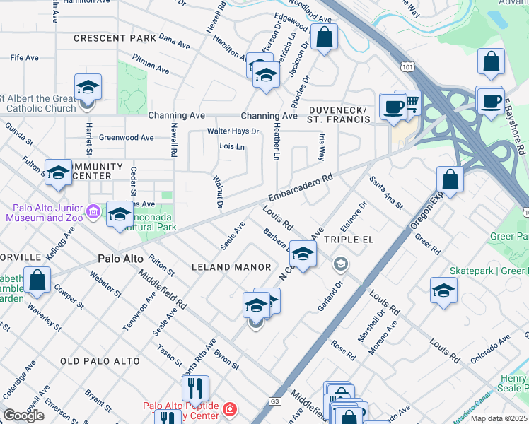 map of restaurants, bars, coffee shops, grocery stores, and more near 1932 Louis Road in Palo Alto