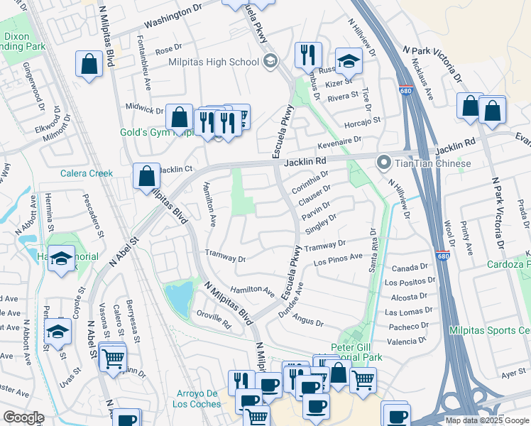 map of restaurants, bars, coffee shops, grocery stores, and more near 425 Clauser Drive in Milpitas