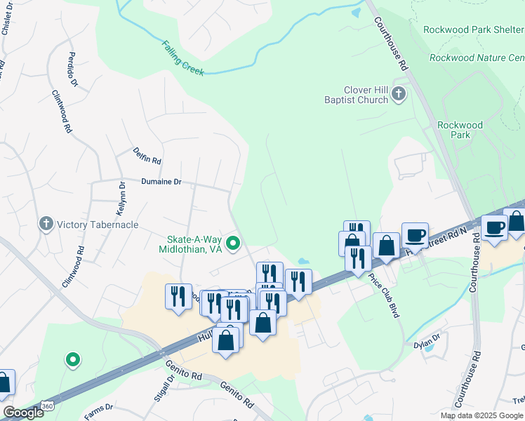 map of restaurants, bars, coffee shops, grocery stores, and more near 3206 Terrybluff Drive in Midlothian