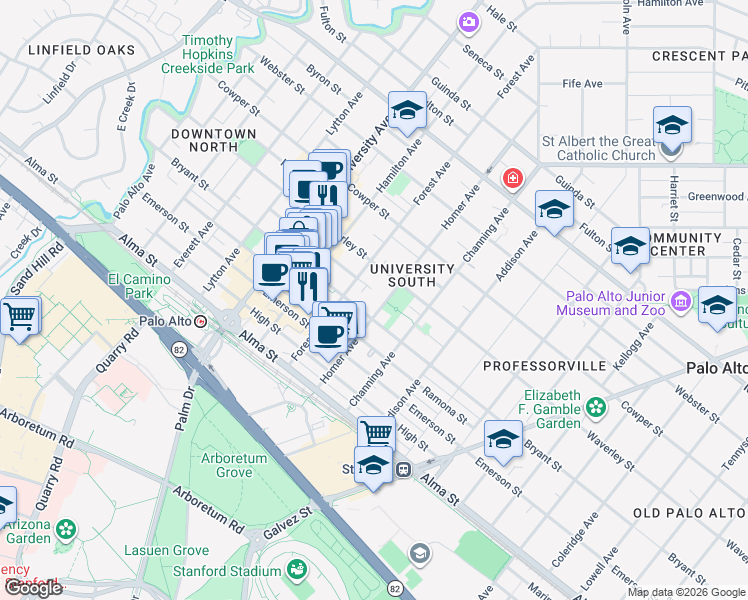 map of restaurants, bars, coffee shops, grocery stores, and more near 707 Bryant Street in Palo Alto