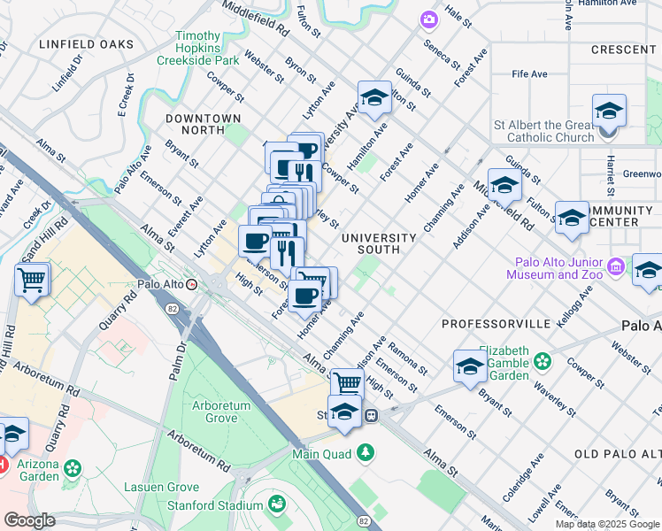 map of restaurants, bars, coffee shops, grocery stores, and more near 707 Bryant Street in Palo Alto