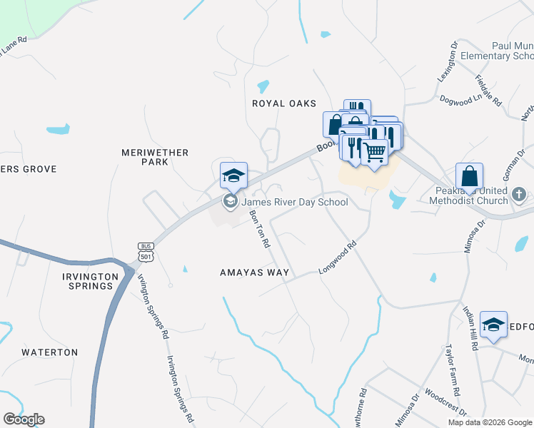 map of restaurants, bars, coffee shops, grocery stores, and more near 111 Carriage Way in Lynchburg