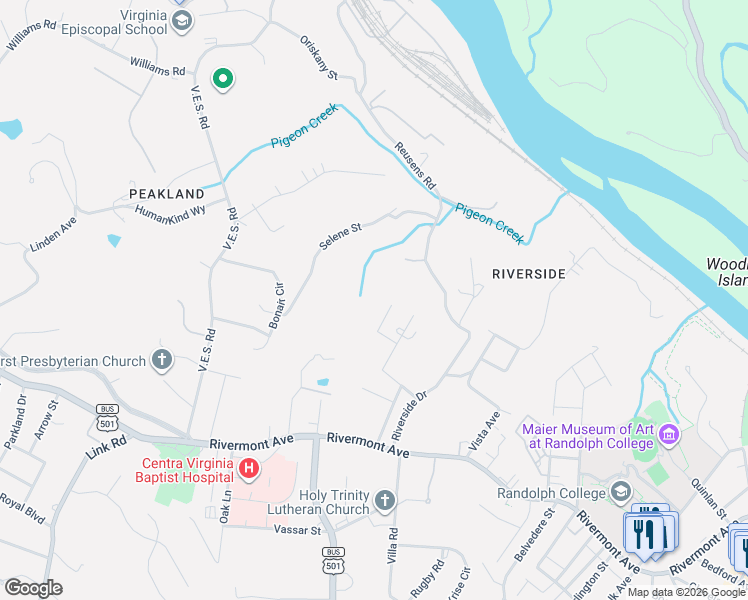 map of restaurants, bars, coffee shops, grocery stores, and more near 3609 Tanglewood Lane in Lynchburg