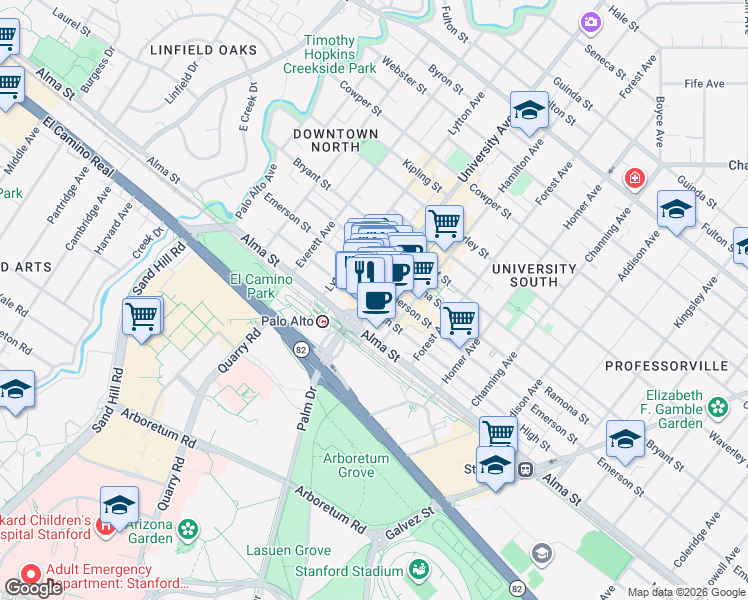 map of restaurants, bars, coffee shops, grocery stores, and more near 172 University Avenue in Palo Alto