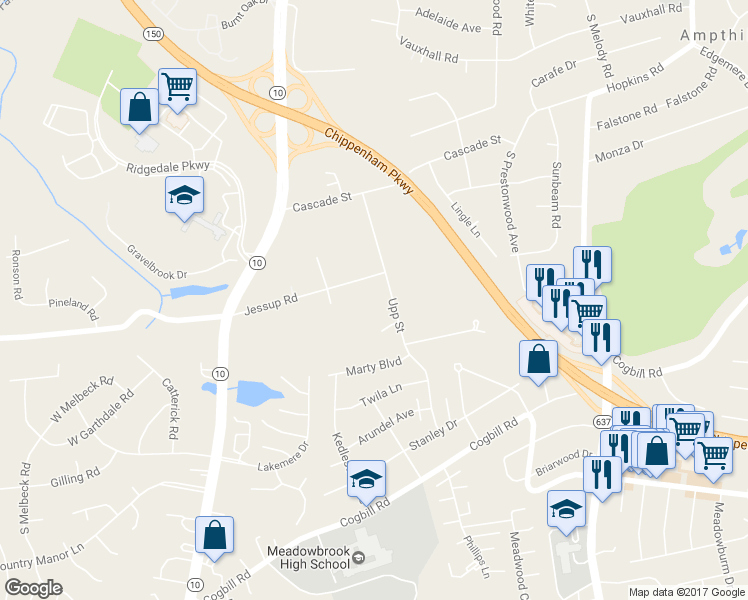 map of restaurants, bars, coffee shops, grocery stores, and more near 5422 Upp Street in Richmond