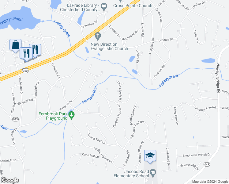 map of restaurants, bars, coffee shops, grocery stores, and more near 9204 Benchmark Court in Richmond