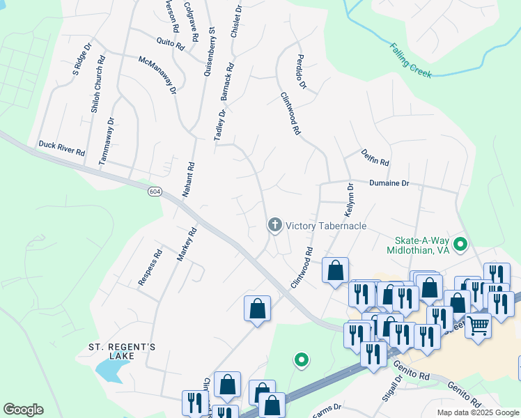 map of restaurants, bars, coffee shops, grocery stores, and more near 11901 Chestnut Creek Drive in Midlothian
