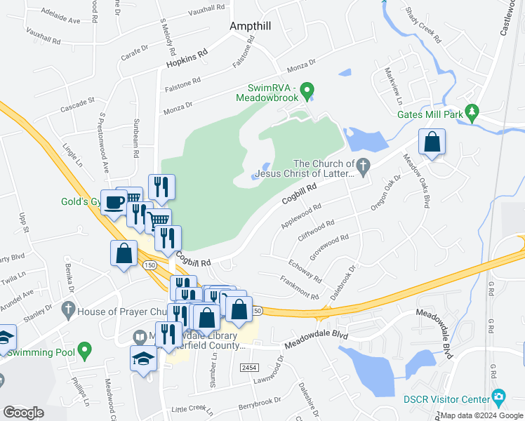 map of restaurants, bars, coffee shops, grocery stores, and more near 3830 Cogbill Road in Richmond