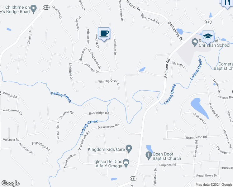 map of restaurants, bars, coffee shops, grocery stores, and more near 7101 Winding Creek Lane in Chesterfield